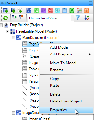 Access properties from the context menu in the project tree