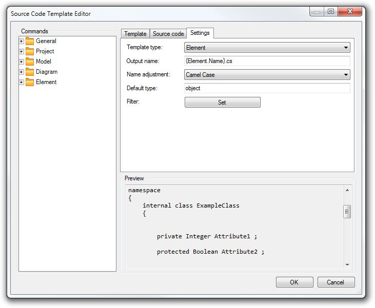 Settings tab (Source Code Template Editor)