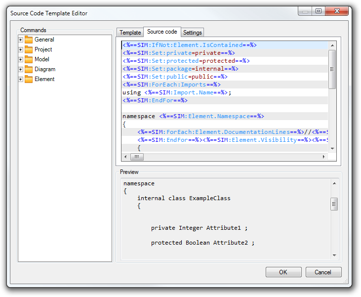 Source code tab (Source Code Template Editor)