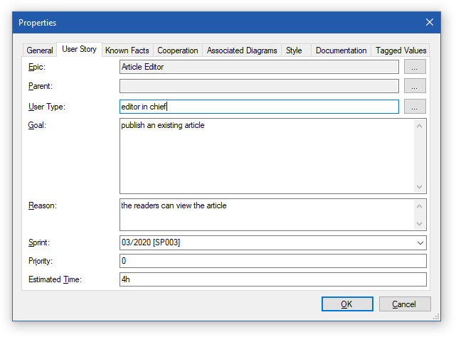 User Story Properties Dialog