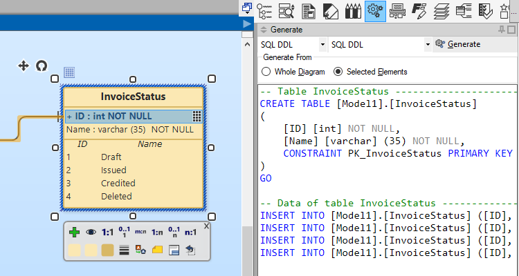 Generation Sidebar - Generate SQL Script for Selected Entity