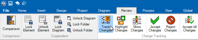 Ribbon/Review/Change Tracking/Track Changes button