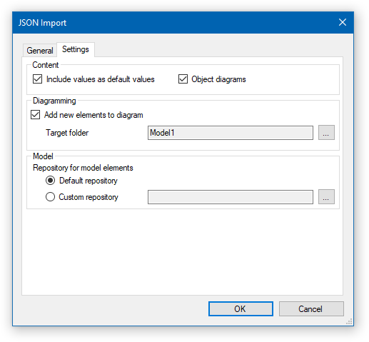 JSON Import dialog - Settings