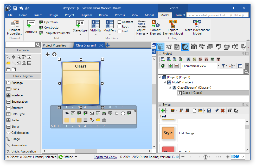 Software Ideas Modeler 13.10 offers shortcut keys for the context bar actions