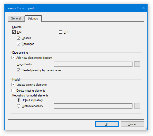 Source Code Import - Settings tab