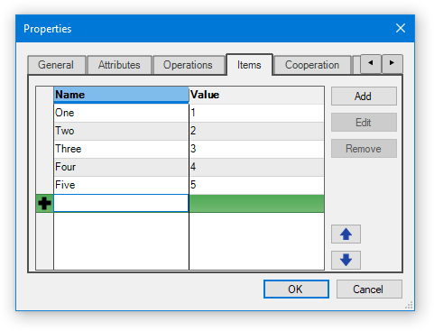 Enumeration Items Editor in Properties Dialog