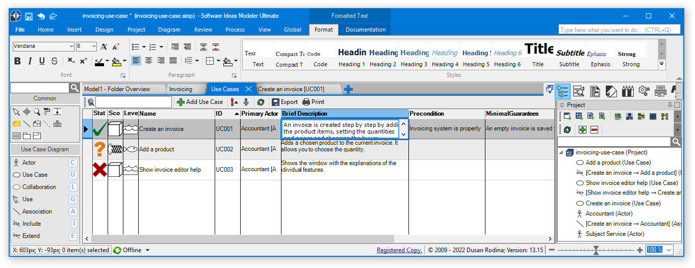 Use Cases window - the list of use cases