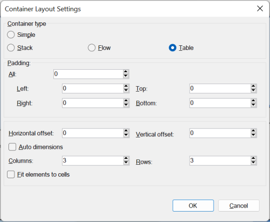 Container layout settings dialog