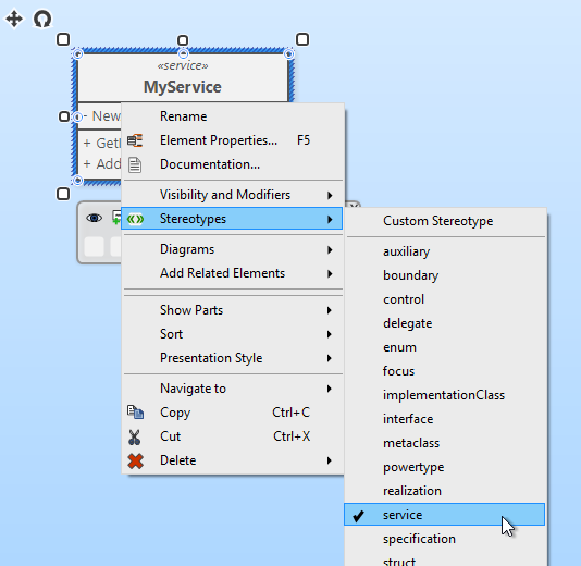Set the service stereotype to the service class