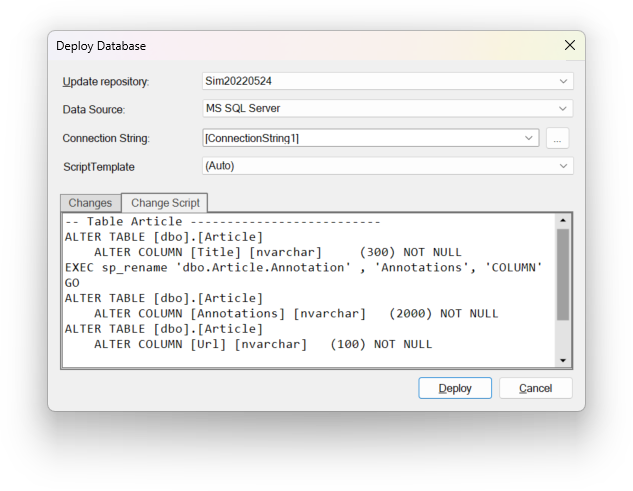 Deploy data model changes to database