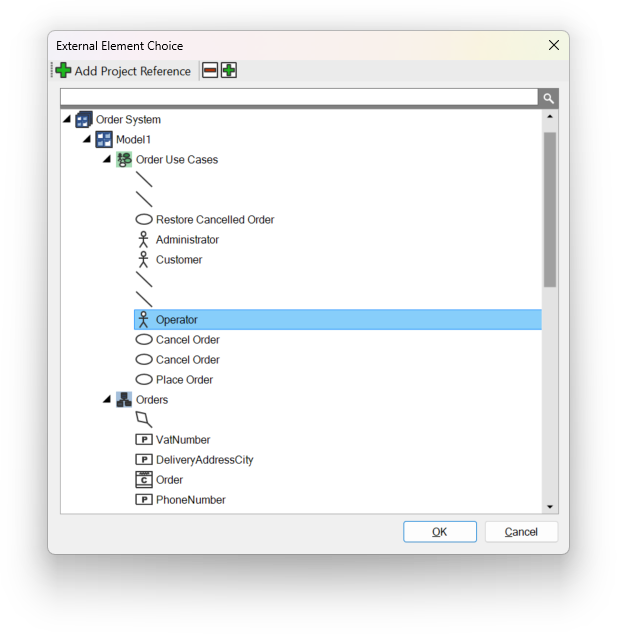 External Element Choice dialog with external project references