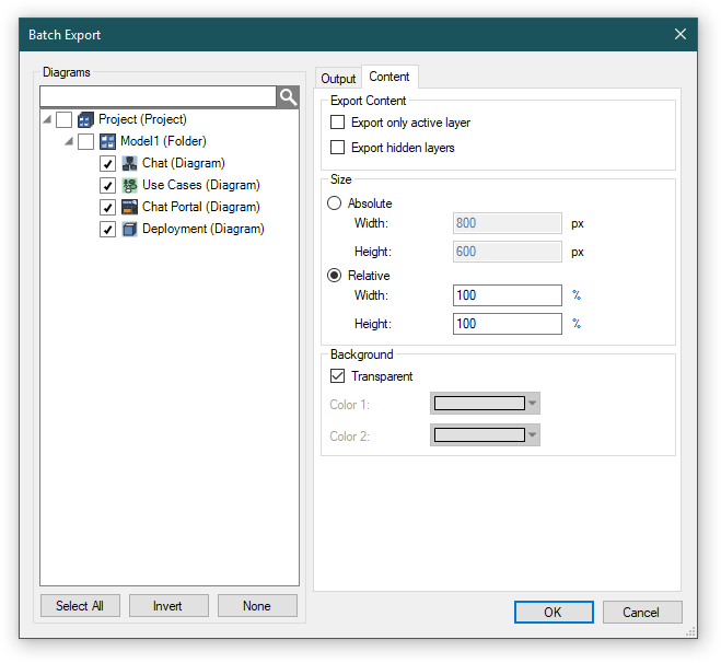 Batch Export dialog - Content tab