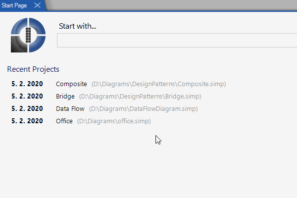 Choose a diagram type or a project from the Start With box