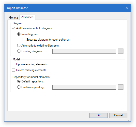 Import Database dialog - advanced settings