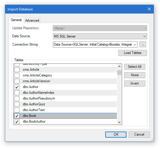 Import Database dialog