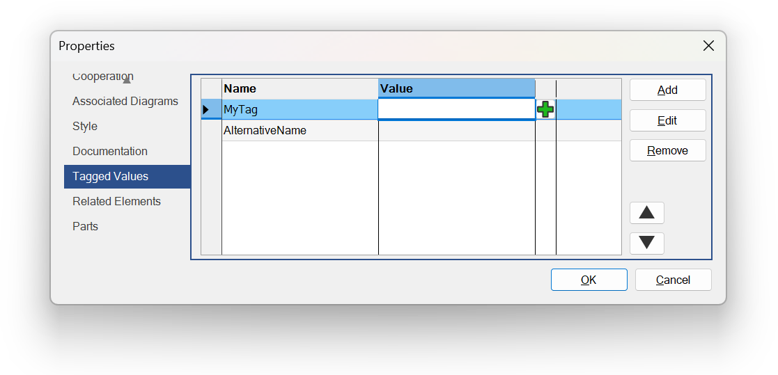 Tagged Values tab in the Properties dialog
